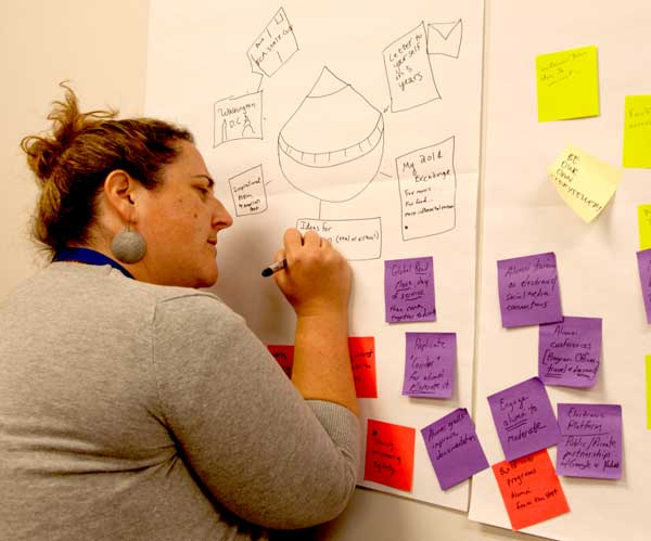 Woman writing on board full of post-it notes