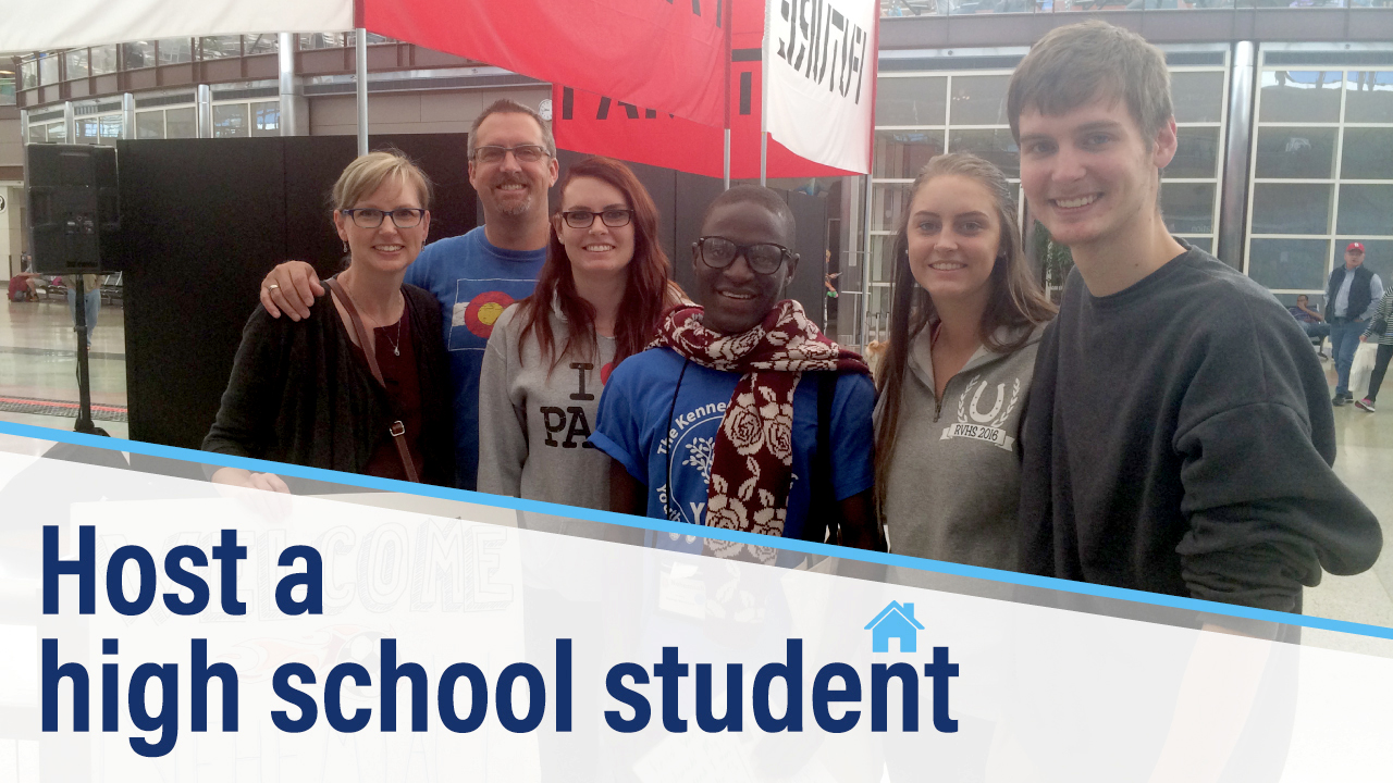Group photo with family and exchange student in the middle with title graphic that reads: Host a High School Student