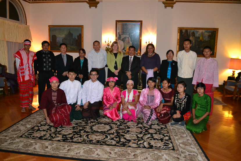 The group poses after a dinner hosted by Ambassador Than Swe at the Embassy in Washington, D.C.