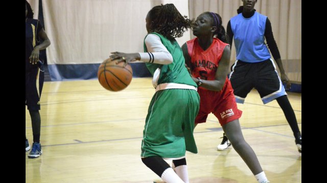 The Senegalese girls take part in a friendly basketball scrimmage at a D.C.-area gym.