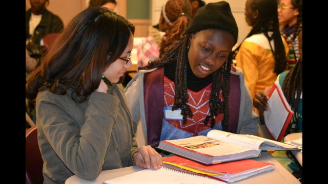 The Senegalese visitors have a chance to work with their American peers in French class.