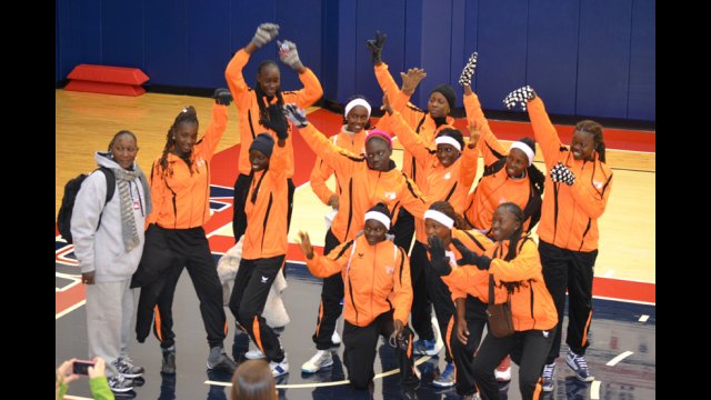The Senegalese players and coaches pose after a clinic at the Verizon Center, home to the NBA Washington Wizards and WNBA Mystics.
