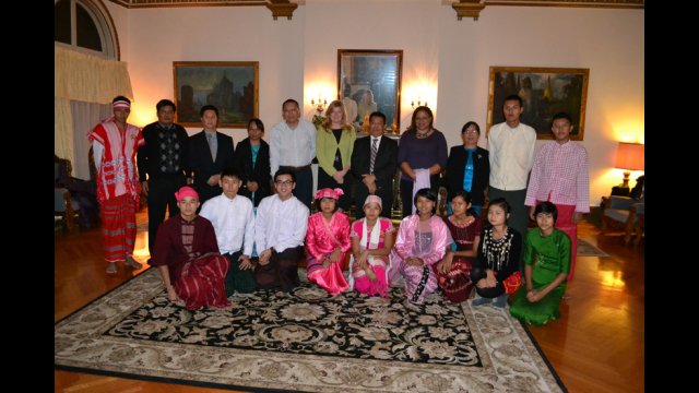 The group poses after a dinner hosted by Ambassador Than Swe at the Embassy in Washington, D.C.
