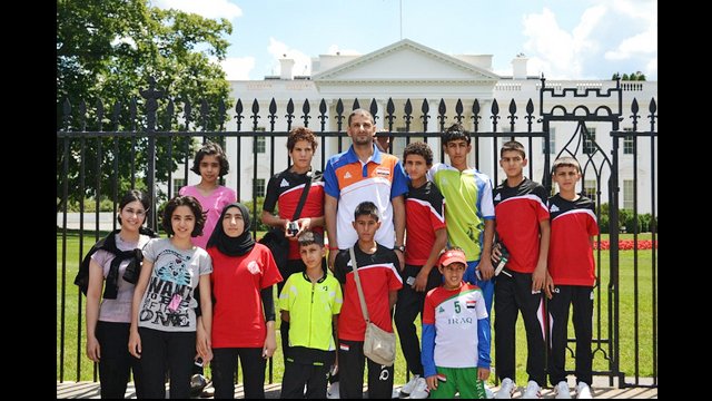 The Iraqi delegation takes a group photo at the White House during their afternoon of D.C. touring.