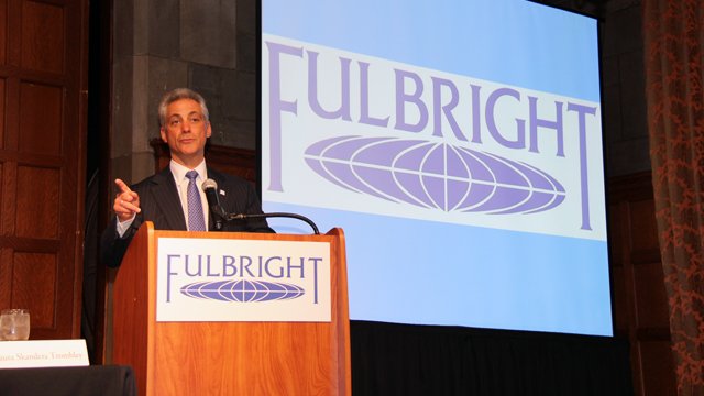 Mayor of the City of Chicago Rahm Emmanuel welcomes the audience and panelists to the panel discussion, “Fulbright 2.0 – e-Learning, MOOCs, OERs, and the Future: What Does New Technology Mean for Global Education?”