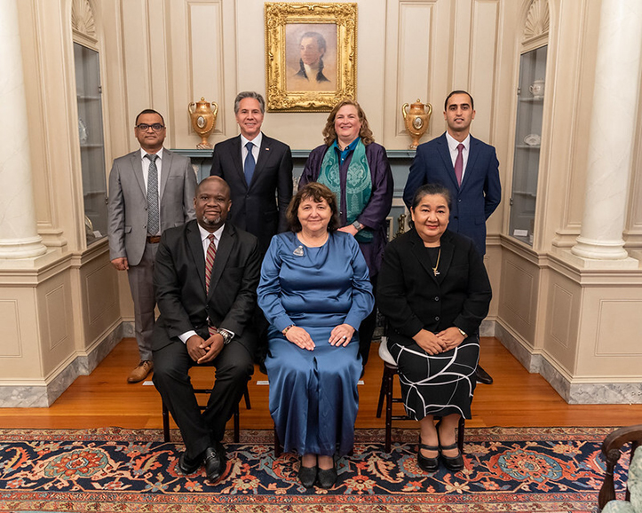Secretary Blinken Poses for a Group Photo with 2022 TIP Report Heroes and J/TIP Senior Official Dr. Johnstone. Top row (L-R): Mohammed Tariqul Islam of Bangladesh, the Secretary, Senior Official for the Office to Monitor and Combat Trafficking in Persons 